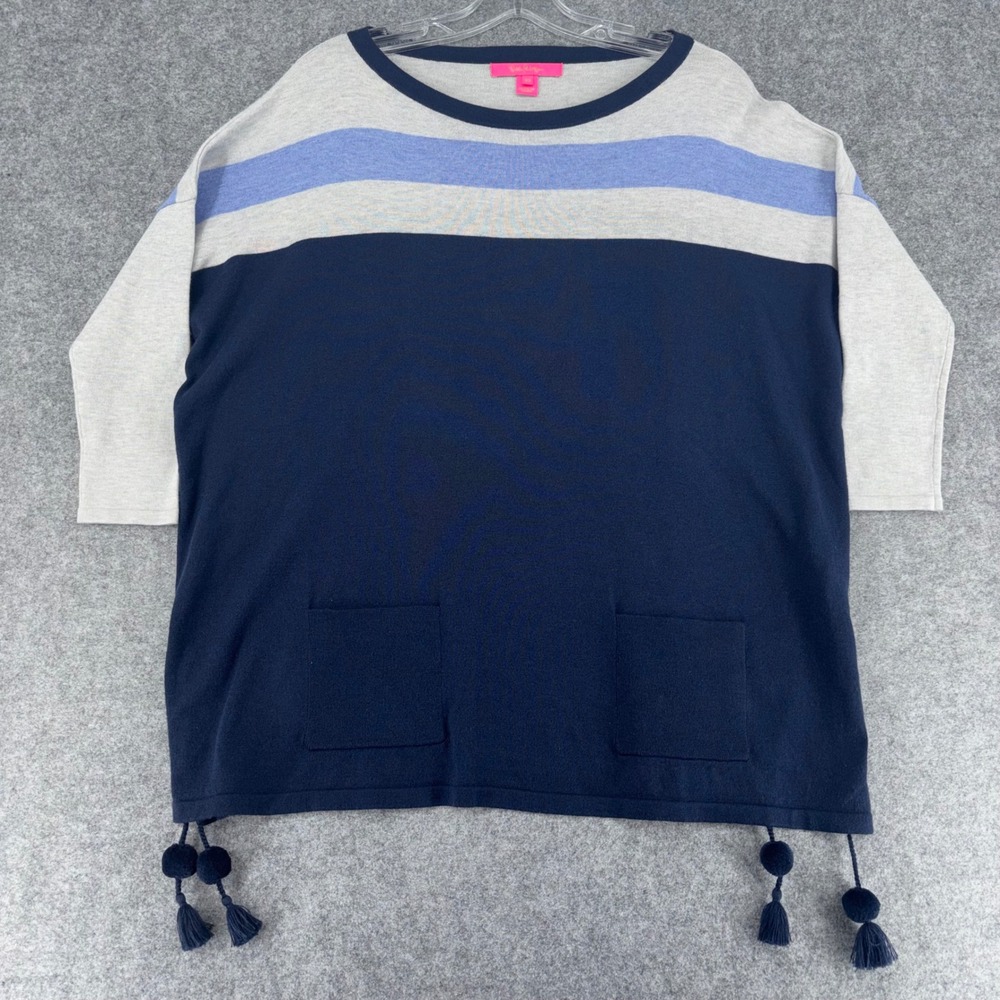 Lilly Pulitzer Womens XS Colorblock Tassel Pom Pom Sweater Navy Blue Coolmax